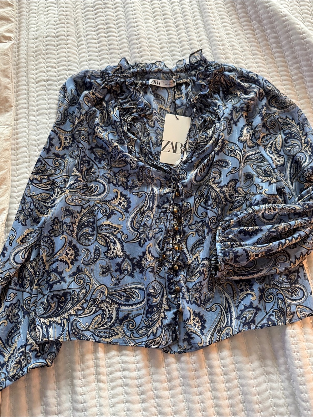 ZARA Blue Paisley Ruffle Button-Up Blouse